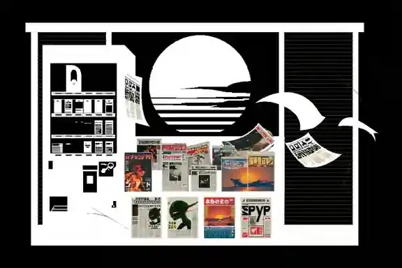 Crowded Newspaper Kiosk, a Midjourney sref remix: a crowded newspaper kiosk at sunrise with magazines fluttering in the wind, retro graphic style