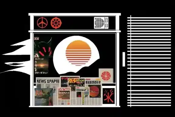 Crowded Newspaper Kiosk, a Midjourney sref remix: a crowded newspaper kiosk at sunrise with magazines fluttering in the wind, retro graphic style