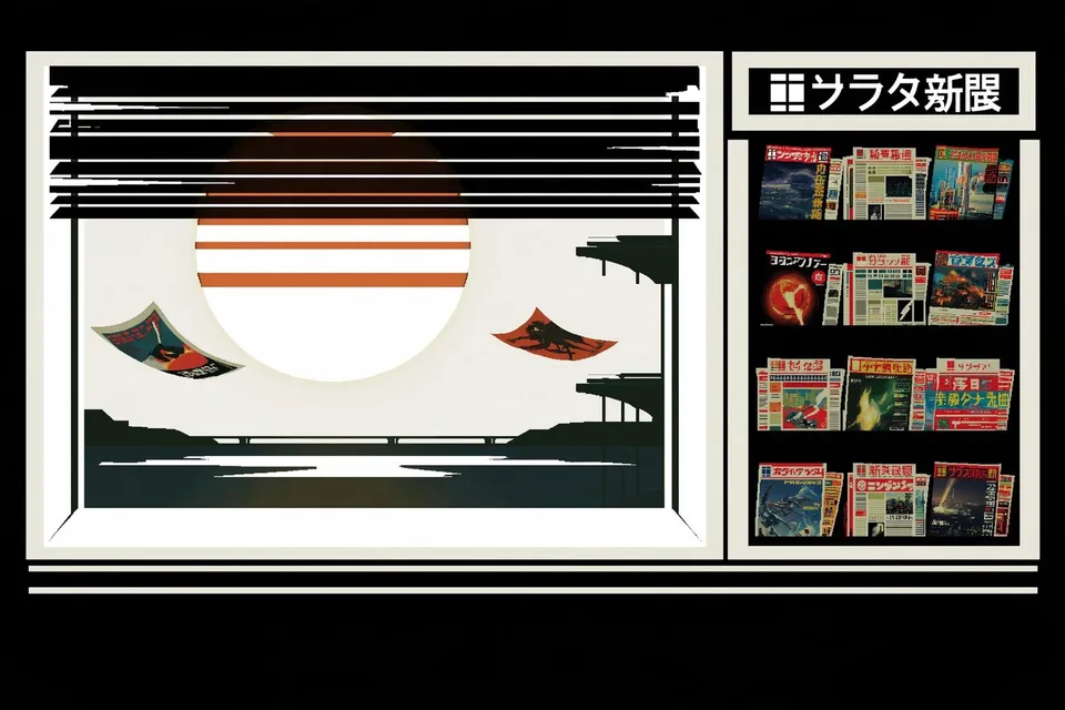 Crowded Newspaper Kiosk, a Midjourney sref remix: a crowded newspaper kiosk at sunrise with magazines fluttering in the wind, cinematic illustration style