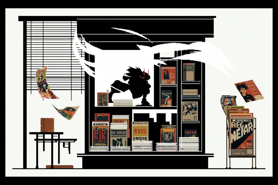 Crowded Newspaper Kiosk, a Midjourney sref remix: a crowded newspaper kiosk at sunrise with magazines fluttering in the wind, cinematic illustration style