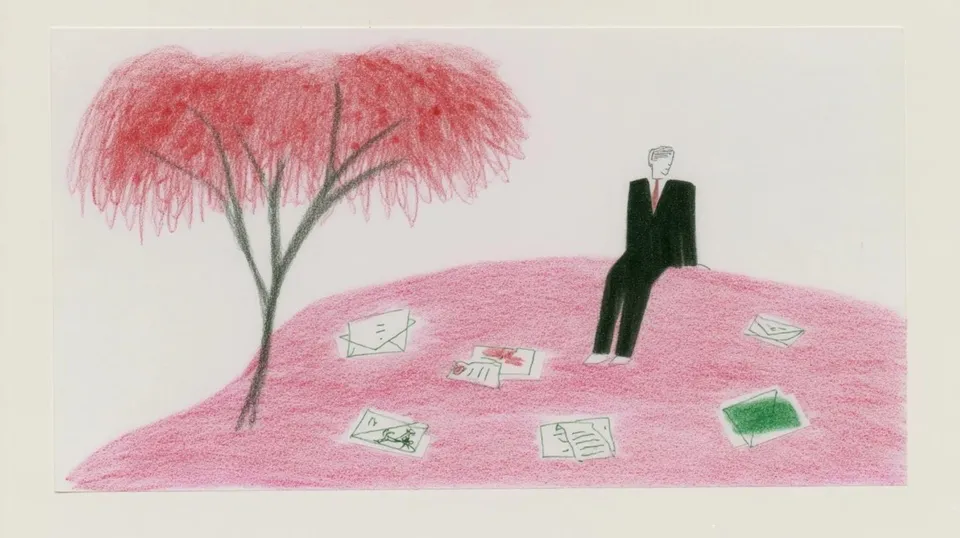 Gentle Museum Archivist in a Tailored Black 2, a Midjourney sref remix: a gentle museum archivist in a tailored black suit piecing together a storybook ancient warrior from scattered paper clippings, lone figure by a tree overlooking pink landscape, monochrome documents blooming into warm dreamy red-crested color, dreamy illustration style