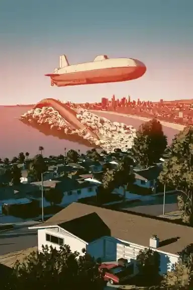 Sleepy Rubber Submarines Fold, a Midjourney sref remix: sleepy rubber submarines fold the horizon through a suburban rooftop, before the city wakes, surreal illustration style