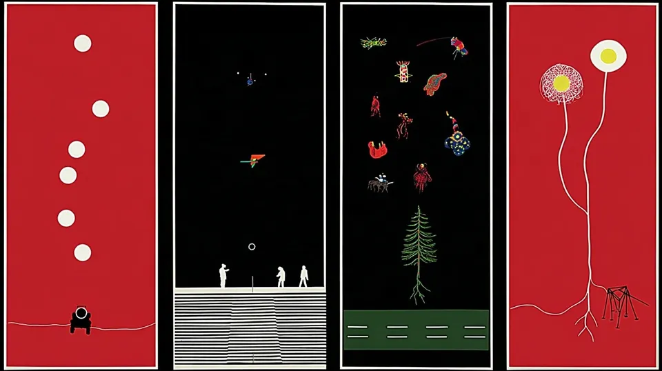 Four-Panel Alpine Observatory Field Guide, a Midjourney sref remix: a four-panel alpine observatory field guide where impossible weather creatures migrate between seasons, a curious inventor watching glowing thought-bubbles stream like highway light trails above a dark city street, bright folkloric collage with psychedelic diagram symbols, playful whimsy in crisp graphic ink, playful illustration style