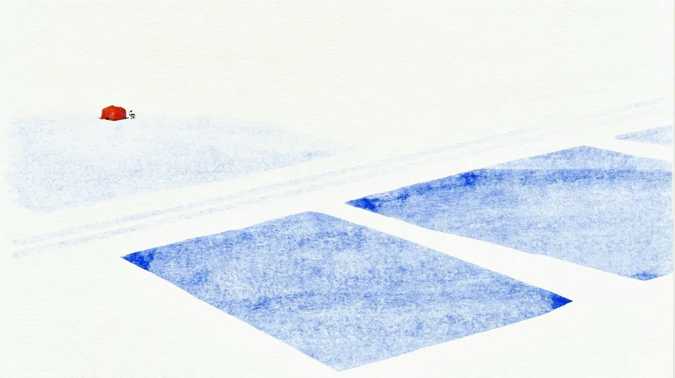 Aerial Survey of Geometric Salt Flats, a Midjourney sref remix: an aerial survey of geometric salt flats with a solitary red research tent, minimal paint style