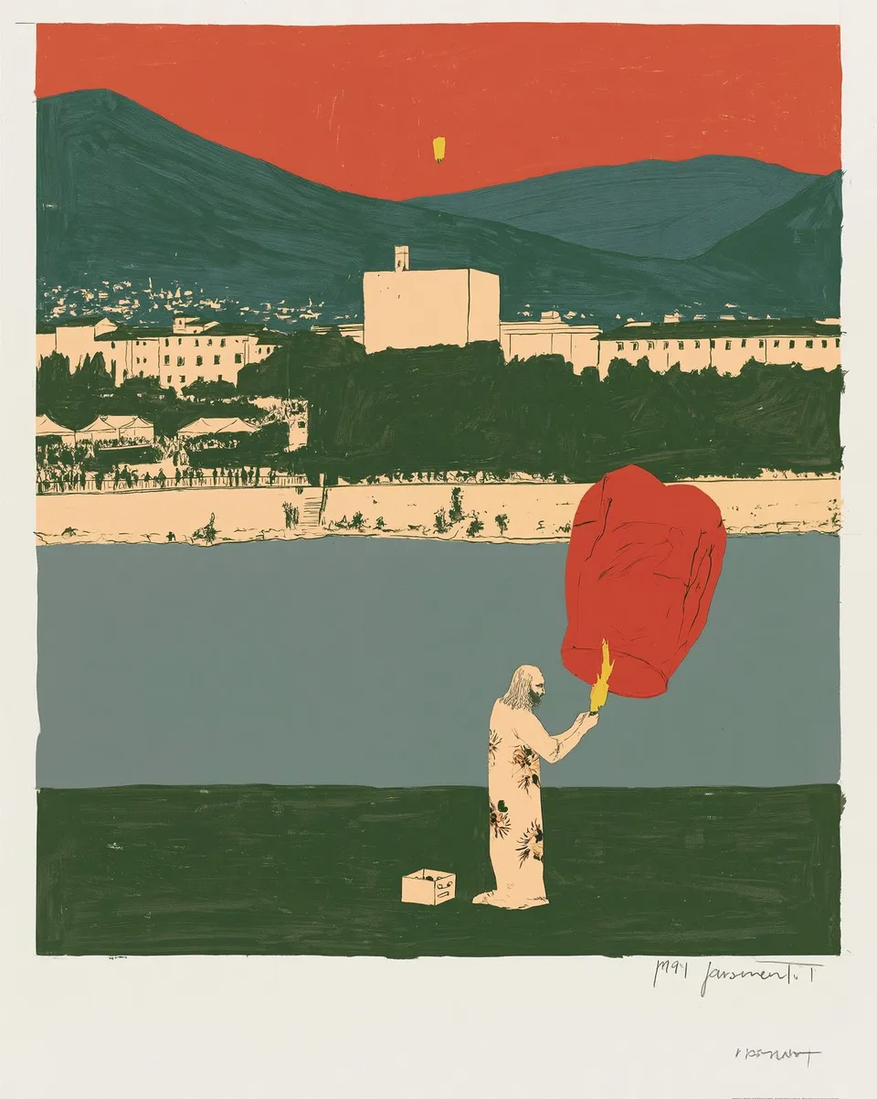 Garden Lantern Festival, a Midjourney sref remix: a serene figure in a floral-print paper gown lighting a paper lantern at a warm dusk festival, dreamy painted fabric and glowing festival warmth without any flame, dreamy illustration style