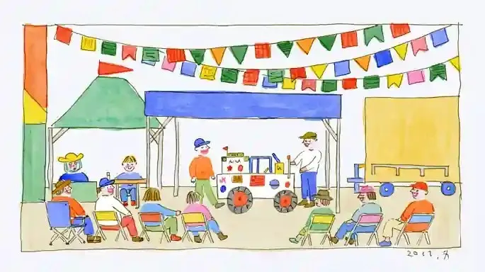 Small-Town Robotics Club, a Midjourney sref remix: a small-town robotics club presenting a homemade rover at the county fair, playful illustration style