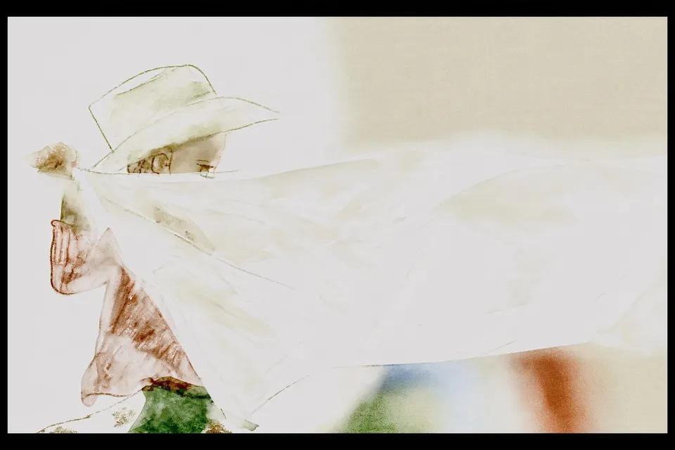 Cheerful Cowpoke Waves, a Midjourney sref remix: A cheerful cowpoke waves a softly rippling banner in a dreamy watercolor wash, wrapped in a cozy pink knit against a hazy pastel film-still glow., dreamy paint style