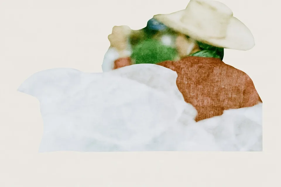 Cheerful Cowpoke Waves, a Midjourney sref remix: A cheerful cowpoke waves a softly rippling banner in a dreamy watercolor wash, wrapped in a cozy pink knit against a hazy pastel film-still glow., dreamy paint style