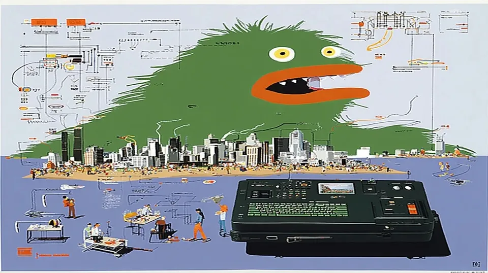 Cheerful Green Monster Belts, a Midjourney sref remix: A cheerful green monster belts a happy 'hey hey' beside an exploded technical diagram of a vintage laptop, a multigenerational picnic on a floating island above a futuristic city, its neat parts floating like friendly notes., playful illustration style
