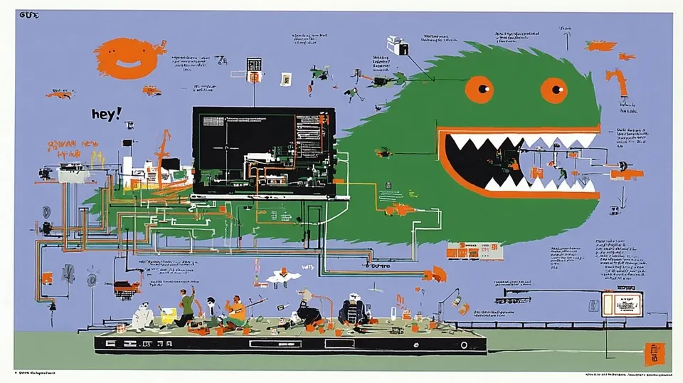 Cheerful Green Monster Belts, a Midjourney sref remix: A cheerful green monster belts a happy 'hey hey' beside an exploded technical diagram of a vintage laptop, a multigenerational picnic on a floating island above a futuristic city, its neat parts floating like friendly notes., playful illustration style