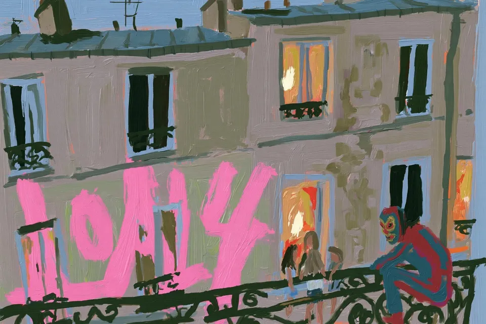 Masked Acrobat in a Red-And-Blue Suit Crouches, a Midjourney sref remix: A masked acrobat in a red-and-blue suit crouches on a wrought-iron balcony, watching a small reunited family gather below as pink street-art lettering glows warm against a cool Parisian twilight., playful paint style