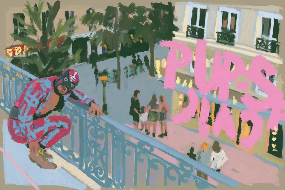 Masked Acrobat in a Red-And-Blue Suit Crouches, a Midjourney sref remix: A masked acrobat in a red-and-blue suit crouches on a wrought-iron balcony, watching a small reunited family gather below as pink street-art lettering glows warm against a cool Parisian twilight., playful paint style