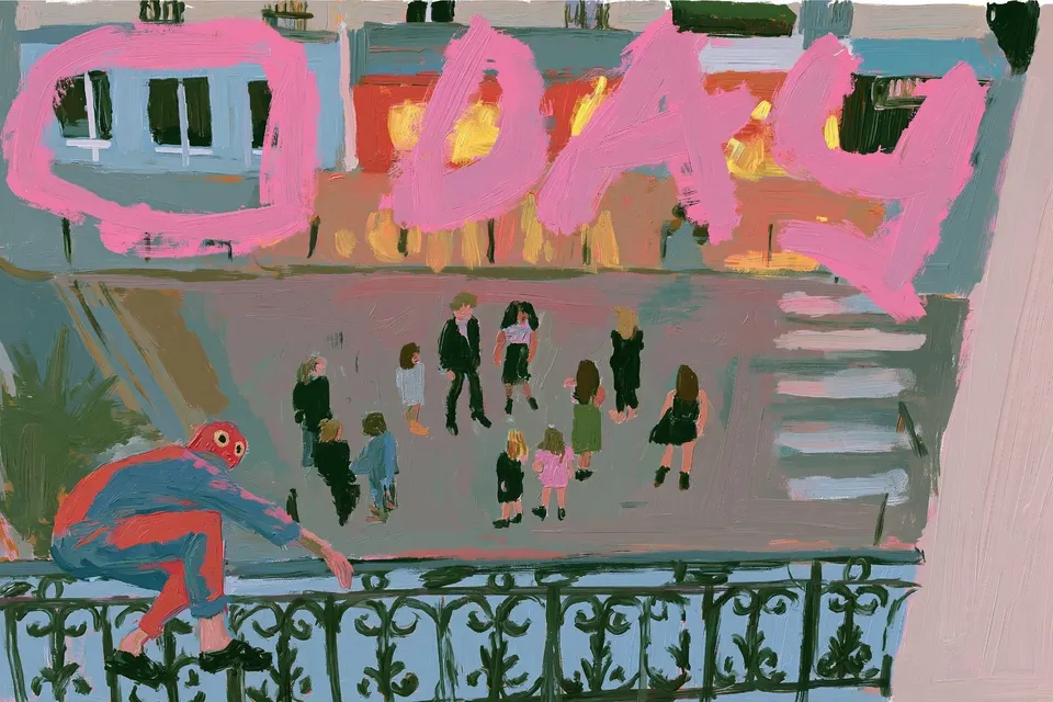 Masked Acrobat in a Red-And-Blue Suit Crouches, a Midjourney sref remix: A masked acrobat in a red-and-blue suit crouches on a wrought-iron balcony, watching a small reunited family gather below as pink street-art lettering glows warm against a cool Parisian twilight., playful paint style