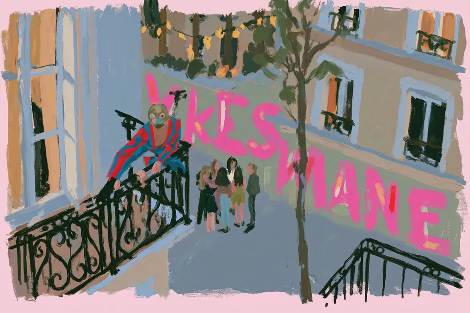 Masked Acrobat in a Red-And-Blue Suit Crouches, a Midjourney sref remix: A masked acrobat in a red-and-blue suit crouches on a wrought-iron balcony, watching a small reunited family gather below as pink street-art lettering glows warm against a cool Parisian twilight., playful illustration style