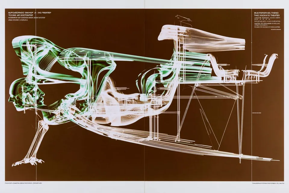 Meticulous Cutaway Diagram of a Flying Theater, a Midjourney sref remix: a meticulous cutaway diagram of a flying theater carried by mechanical birds, surreal graphic style
