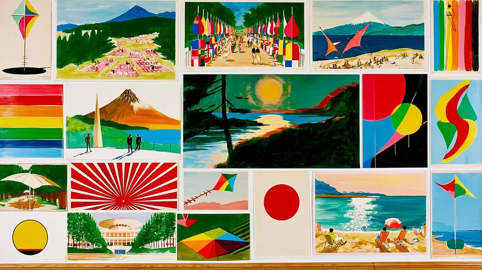 Wonder Wall, a Midjourney sref remix: A warm storybook wall of colorful postcard-sized moments — picnics, parades, kites, and seaside afternoons — is arranged in a tidy collage grid with a vintage pop-culture charm., playful illustration style