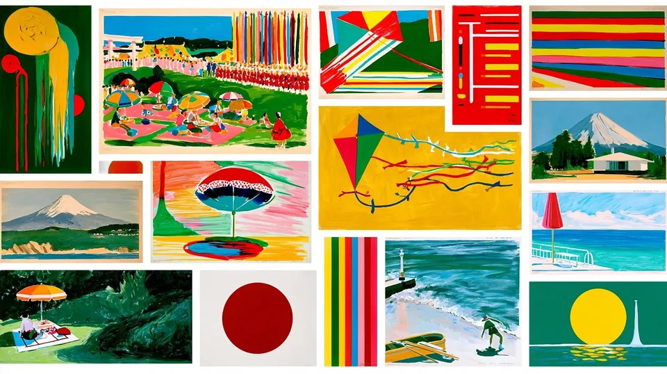 Wonder Wall, a Midjourney sref remix: A warm storybook wall of colorful postcard-sized moments picnics, parades, kites, and seaside afternoons is arranged in a tidy collage grid with a vintage pop-culture charm., playful illustration style