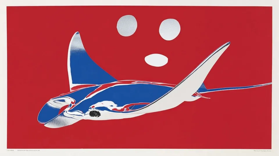 Exploded-View Robotic Manta Ray 3, a Midjourney sref remix: an exploded-view robotic manta ray diving through a cobalt energy vortex, crisp labeled engineering diagram overtaken by sweeping painterly motion, playful graphic style