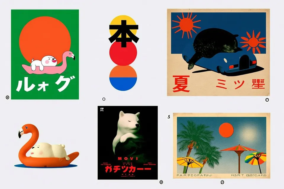 Sunny Mood Board, a Midjourney sref remix: A sunbathing dog on a flamingo float drifts across a bright retro mood board of cheerful cartoon, movie, and summer postcard scenes., playful graphic style