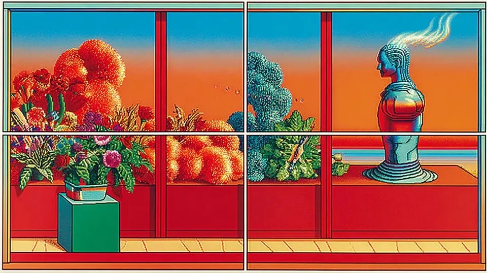 Four-Panel Retro Composition Reveals a Winged Warrior's 2, a Midjourney sref remix: A four-panel retro composition reveals a winged warrior's glowing arsenal rendered in chunky pixels, A paper garden of painted flowers unfurls around a graceful metallic statue whose braided hair catches the soft neon glow of a flower shop at dusk., while a wispy ember-colored phantom curls smoke through every frame., surreal illustration style