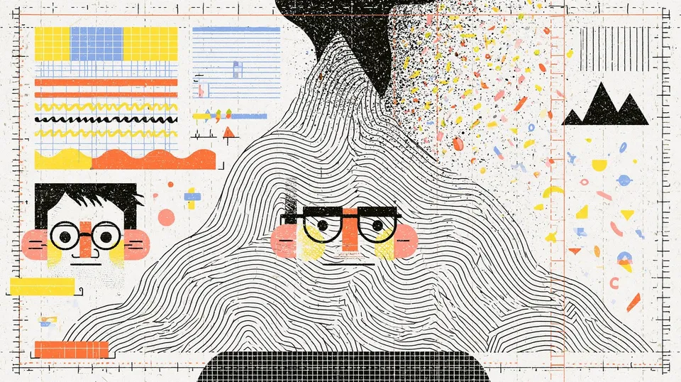 The Cartographer and the Mountain, a Midjourney sref remix: a bespectacled dreamer sketching a monochrome mountain that dissolves into contour lines, playful floating shapes drifting around a quiet topographical study, playful illustration style