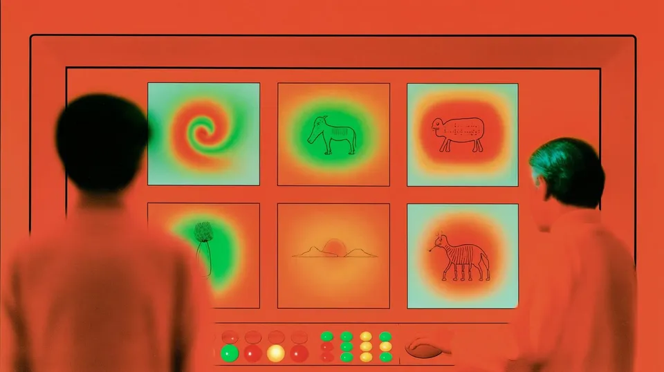 Museum of Impossible Signals, a Midjourney sref remix: an interstellar museum kiosk cataloging mysterious folk artifacts, psychedelic pictograms presented inside a restrained monochrome science-fiction interface, surreal illustration style
