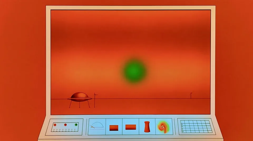 Museum of Impossible Signals, a Midjourney sref remix: an interstellar museum kiosk cataloging mysterious folk artifacts, psychedelic pictograms presented inside a restrained monochrome science-fiction interface, surreal illustration style