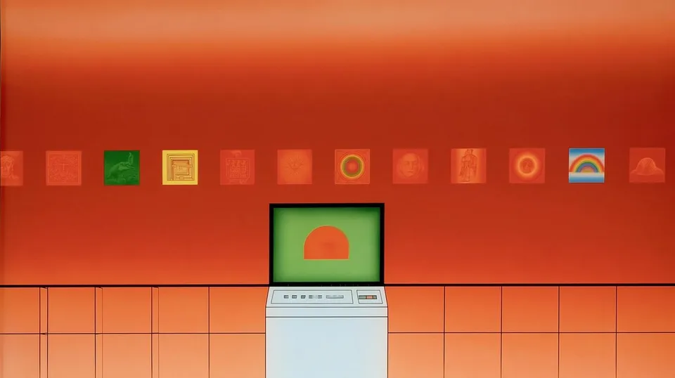 Museum of Impossible Signals, a Midjourney sref remix: an interstellar museum kiosk cataloging mysterious folk artifacts, psychedelic pictograms presented inside a restrained monochrome science-fiction interface, retro graphic style