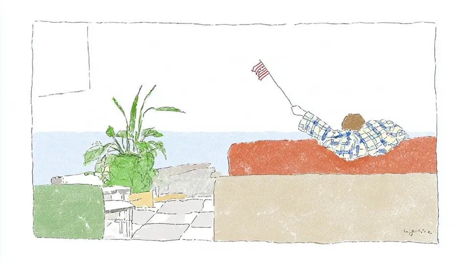 Cowboy Waving, a Midjourney sref remix: cowboy waving the stars and stripes in watercolor, A sunlit figure in checked pajamas dozes on a floral couch while a checkerboard pathway unfurls beneath them into a warm twilight dreamscape., dreamy illustration style