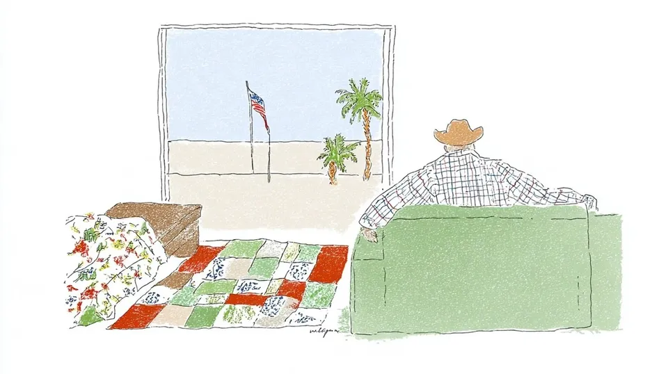 Cowboy Waving, a Midjourney sref remix: cowboy waving the stars and stripes in watercolor, A sunlit figure in checked pajamas dozes on a floral couch while a checkerboard pathway unfurls beneath them into a warm twilight dreamscape., dreamy illustration style
