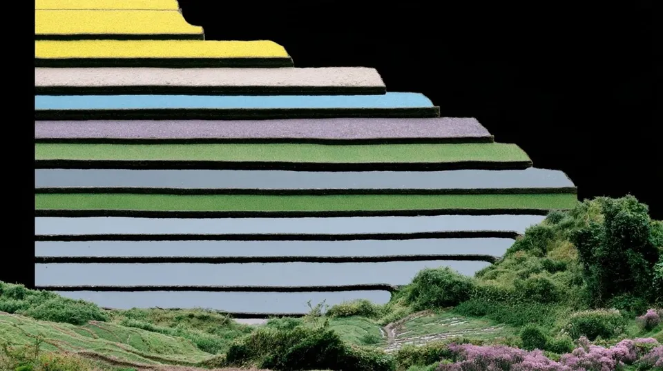 Terraced Rice Fields, a Midjourney sref remix: terraced rice fields seen from directly above, narrow water channels between stepped plots, surreal photo style