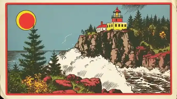 Lighthouse on a Basalt Cliff, a Midjourney sref remix: lighthouse on a basalt cliff, storm approaching, brutal illustration style