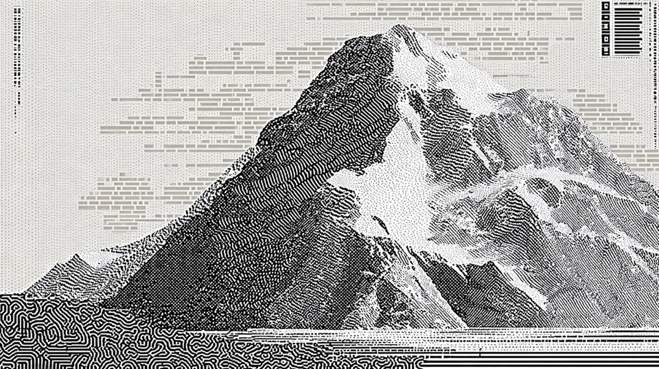 Monochrome Mountain, a Midjourney sref remix: monochrome mountain dissolving into contour lines, brutal illustration style