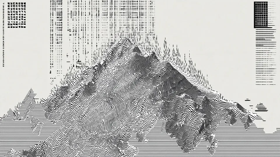Monochrome Mountain, a Midjourney sref remix: monochrome mountain dissolving into contour lines, brutal illustration style