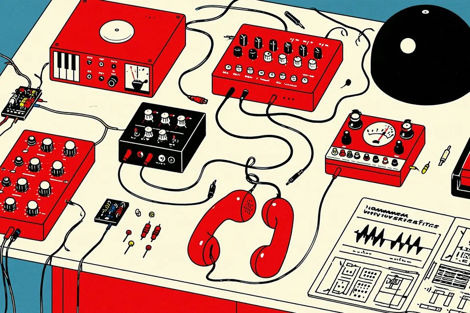 Tabletop Inventor's Workshop Filled with Peculiar Analog, a Midjourney sref remix: a tabletop inventor's workshop filled with peculiar analog instruments, wires and handwritten diagrams, retro illustration style