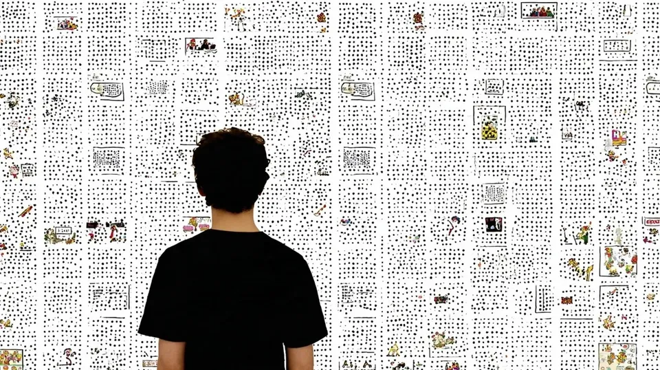 Stippled Face Fading into Sparse Dots 2, a Midjourney sref remix: stippled face fading into sparse dots, a young street-festival photographer seen from behind reviewing a wall of candid contact sheets, clean editorial framing punctuated by lively pop-culture collage, playful illustration style