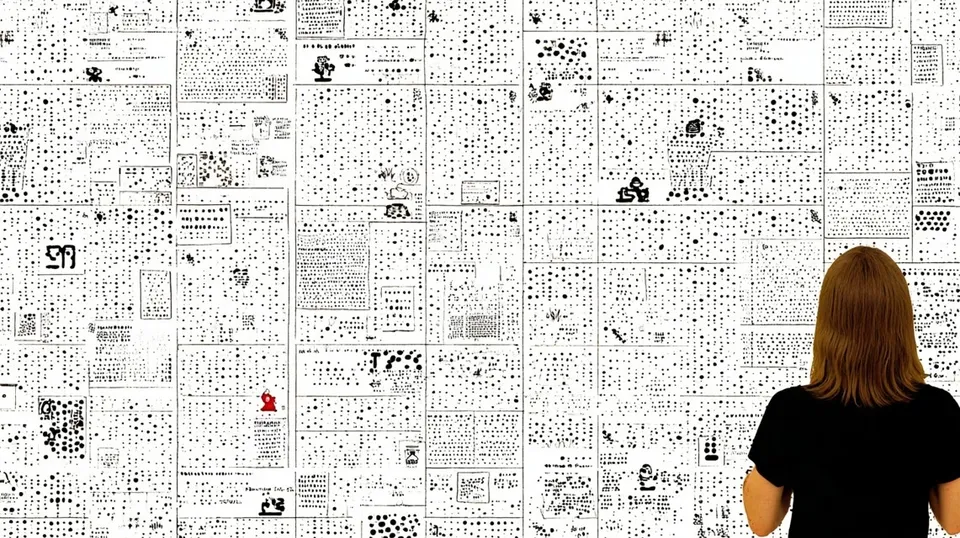Stippled Face Fading into Sparse Dots 2, a Midjourney sref remix: stippled face fading into sparse dots, a young street-festival photographer seen from behind reviewing a wall of candid contact sheets, clean editorial framing punctuated by lively pop-culture collage, playful graphic style