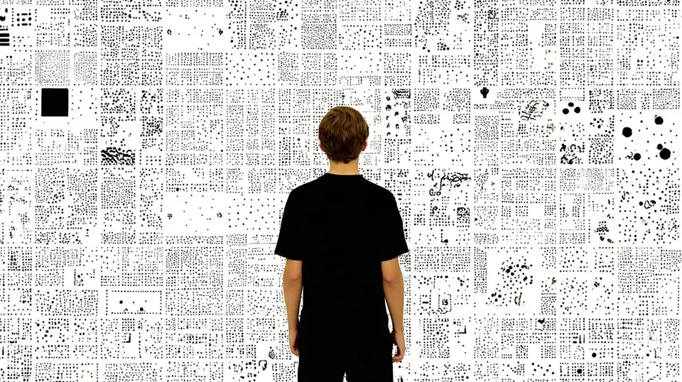 Stippled Face Fading into Sparse Dots 2, a Midjourney sref remix: stippled face fading into sparse dots, a young street-festival photographer seen from behind reviewing a wall of candid contact sheets, clean editorial framing punctuated by lively pop-culture collage, minimal graphic style