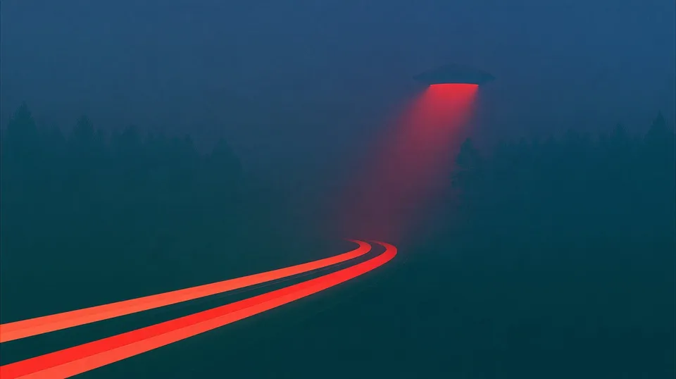 Highway to the Forest Lights, a Midjourney sref remix: A winding highway at dusk trails long ribbons of light up toward a friendly saucer gently beaming kindness over a calm pine forest., cinematic 3D style