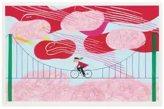 Lone Cyclist Crossing a Windswept Suspension Bridge preview