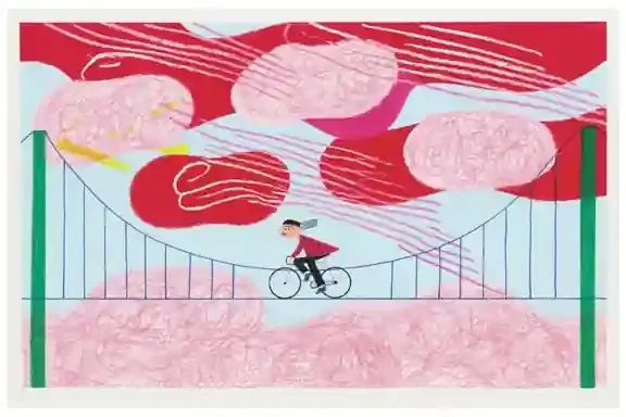 Lone Cyclist Crossing a Windswept Suspension Bridge, a Midjourney sref remix: a lone cyclist crossing a windswept suspension bridge above pink fog, surreal illustration style