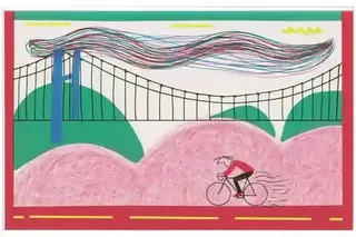 Lone Cyclist Crossing a Windswept Suspension Bridge preview