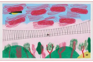 Lone Cyclist Crossing a Windswept Suspension Bridge preview