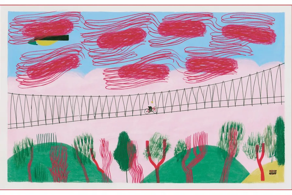 Lone Cyclist Crossing a Windswept Suspension Bridge, a Midjourney sref remix: a lone cyclist crossing a windswept suspension bridge above pink fog, playful illustration style