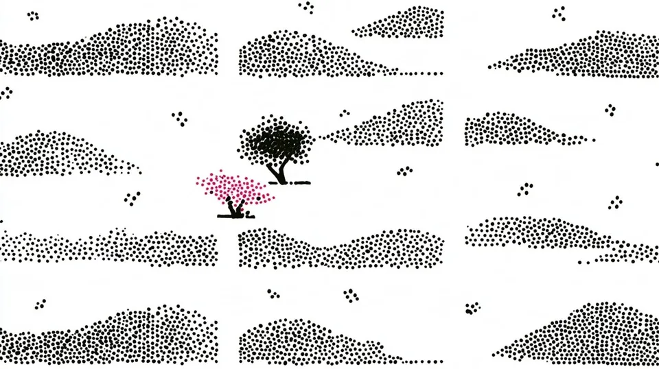 Stippled Face Fading into Sparse Dots, a Midjourney sref remix: stippled face fading into sparse dots, a solitary gardener resting beneath one pink tree as the surrounding hills split into monochrome surreal panels, warm gentle landscape dissolving into spare abstract mood, surreal illustration style