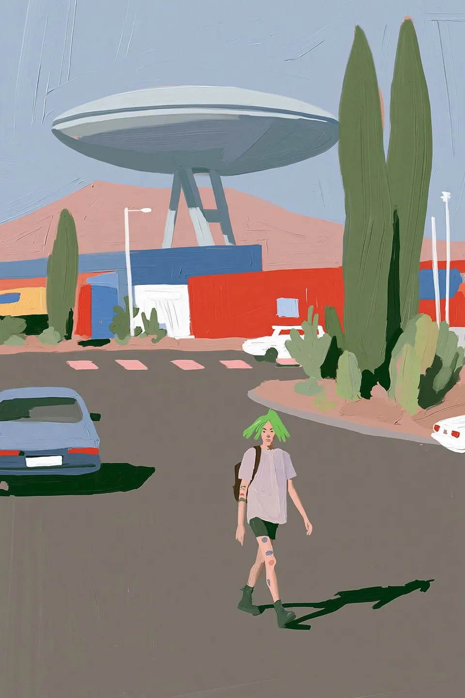 The Dreamer's Checkerboard Monument, a Midjourney sref remix: A green-haired wanderer strolls a glowing checkerboard boulevard toward a cool steel landmark, wrapped in a warm retro haze., surreal paint style