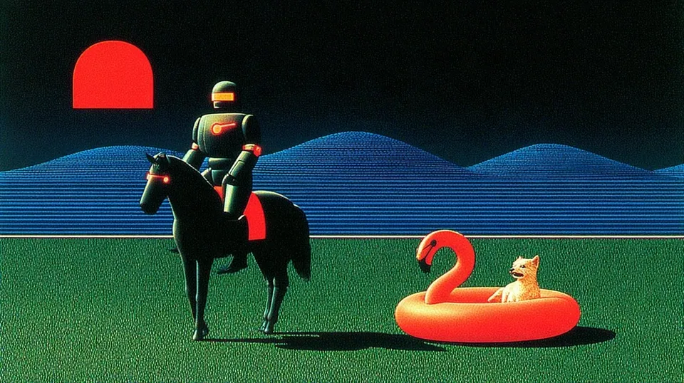 Lone Rider, a Midjourney sref remix: a lone rider on horseback trotting across green hills beneath an enormous ocean-wave sky, A cheerful armored guardian with a glowing orange visor relaxes beside a happy dog drifting on a flamingo float in a retro summer pool., loose watercolor strokes and golden cinematic light, retro illustration style