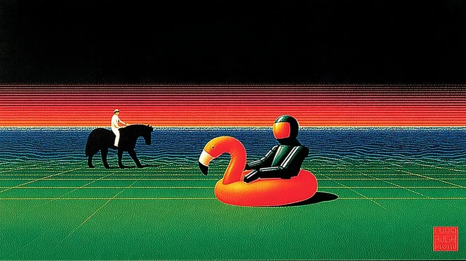 Lone Rider, a Midjourney sref remix: a lone rider on horseback trotting across green hills beneath an enormous ocean-wave sky, A cheerful armored guardian with a glowing orange visor relaxes beside a happy dog drifting on a flamingo float in a retro summer pool., loose watercolor strokes and golden cinematic light, retro illustration style