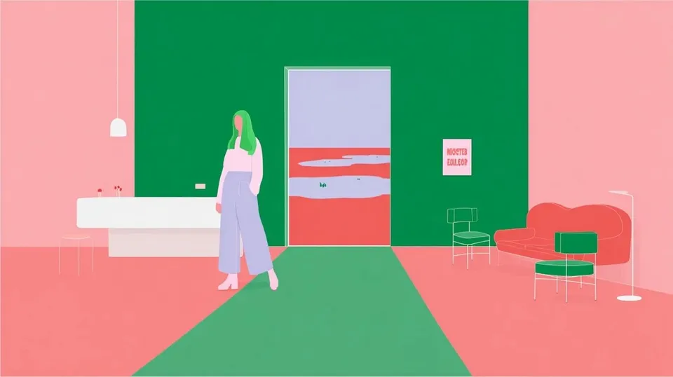 Tiny Geometric Motel Lobby 2, a Midjourney sref remix: a tiny geometric motel lobby opening onto an immense rose-colored salt flat, green-haired dreamer on a checkerboard night path, Memphis interior objects isolated within a quiet cinematic landscape, cinematic illustration style