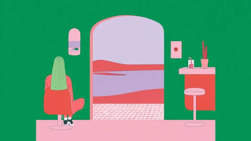 Tiny Geometric Motel Lobby 2, a Midjourney sref remix: a tiny geometric motel lobby opening onto an immense rose-colored salt flat, green-haired dreamer on a checkerboard night path, Memphis interior objects isolated within a quiet cinematic landscape, dreamy illustration style